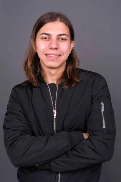 Studio Shot Young Handsome Androgynous Man Long Hair Wearing Jacket —  Fotos de Stock