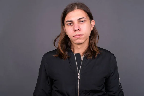 Studio Shot Young Handsome Androgynous Man Long Hair Wearing Jacket — Fotografia de Stock