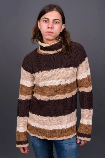 Studio Shot Young Handsome Androgynous Man Long Hair Ready Winter — Fotografia de Stock