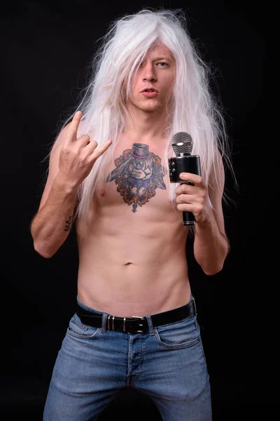 Studio Shot Rebellious Man Punk Rocker Wearing Wig Shirtless Black — Stock Photo, Image