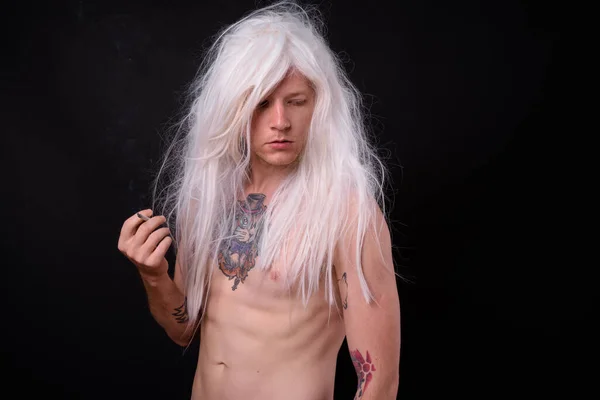 Studio Shot Rebellious Man Punk Rocker Wearing Wig Shirtless Black — Foto de Stock