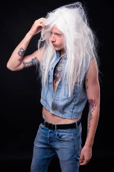 Studio Shot Rebellious Man Punk Rocker Wearing Wig Shirtless Black — Stockfoto