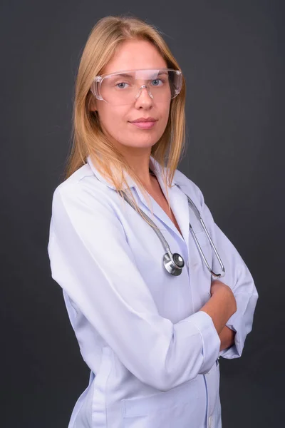 Studio Shot Young Beautiful Blond Woman Doctor Scientist Protective Glasses — Fotografia de Stock