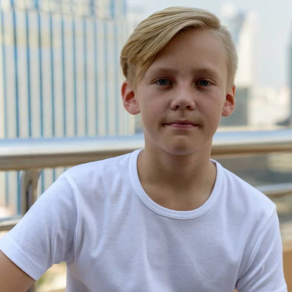 Portrait Young Handsome Scandinavian Boy Blond Hair View City — Stock Fotó