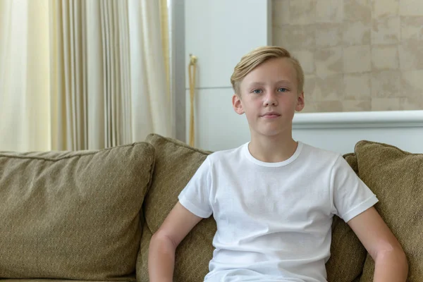 Portrait Young Handsome Scandinavian Boy Blond Hair Living Room Home — Stok fotoğraf