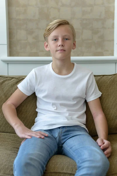Portrait Young Handsome Scandinavian Boy Blond Hair Living Room Home — Stock Photo, Image