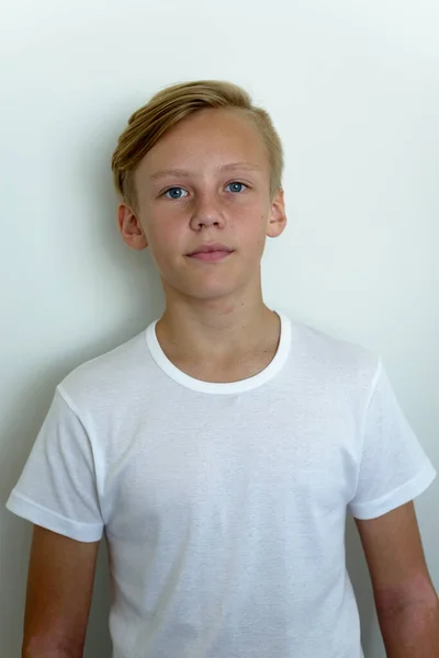 Portrait Young Handsome Scandinavian Boy Blond Hair White Background — Stockfoto