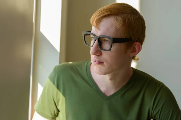 Portrait Man Red Hair Window Home — Stockfoto