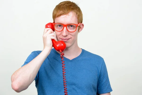 Studio Shot Nerd Man Red Hair Wearing Eyeglasses White Background — Stockfoto