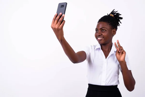 Studio Shot Young Beautiful African Woman Student White Background — Photo