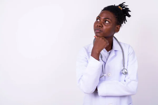 Studio Shot Young Beautiful African Woman Doctor White Background — Stockfoto