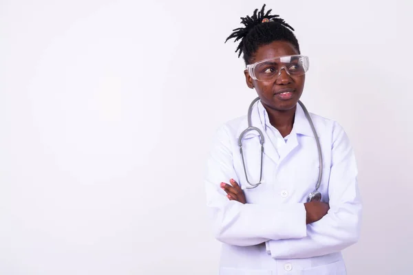 Studio Shot Young Beautiful African Woman Doctor White Background — Stockfoto