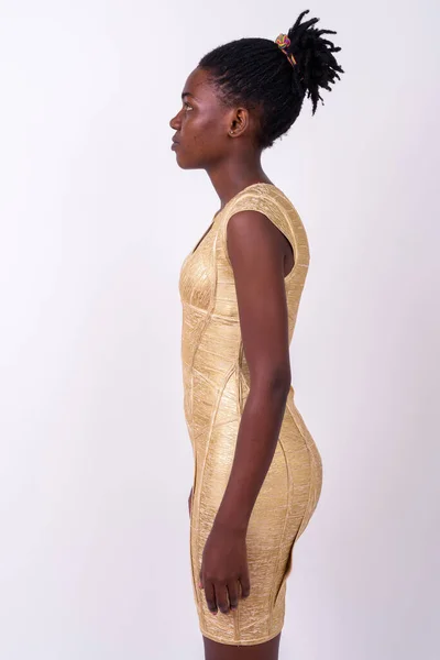 Studio Shot Young Beautiful African Woman Wearing Gold Dress Ready — ストック写真