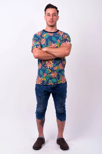 Studio Shot Young Handsome Tourist Man Ready Vacation White Background — Stock fotografie