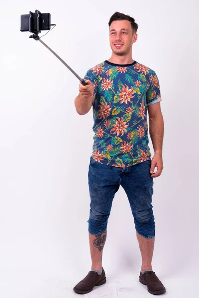 Studio Shot Young Handsome Tourist Man Ready Vacation White Background — Stockfoto