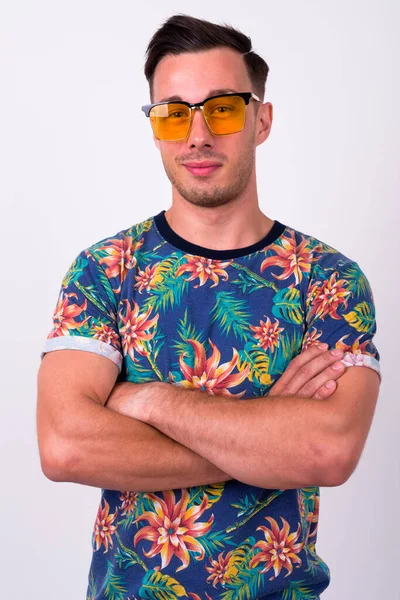 Studio Shot Young Handsome Tourist Man Ready Vacation White Background — Stok fotoğraf
