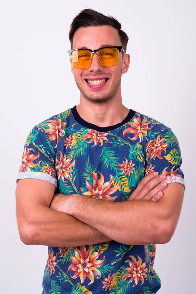 Studio Shot Young Handsome Tourist Man Ready Vacation White Background — Stok fotoğraf