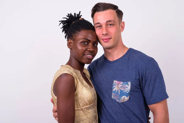 Studio Shot Young Handsome Man Young African Woman Together Love — Stok fotoğraf