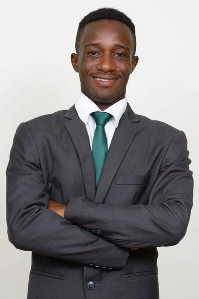 Stúdió Lövés Fiatal Afrikai Üzletember Öltönyben Elszigetelt Fehér Háttér — Stock Fotó