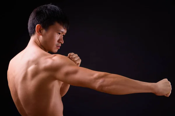 Studio Shot Young Muscular Chinese Man Shirtless Black Background — 스톡 사진