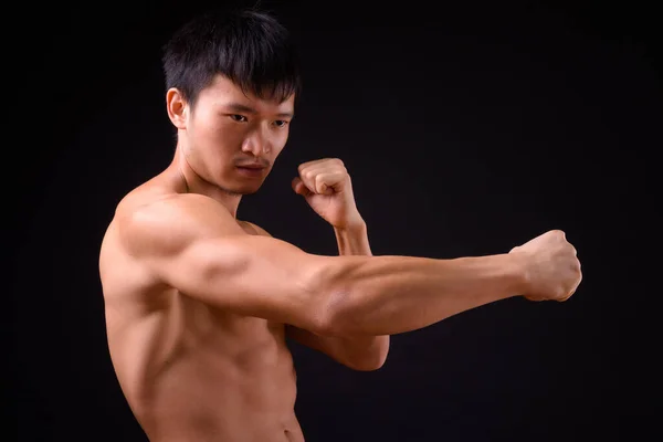 Studio Shot Young Muscular Chinese Man Shirtless Black Background — Foto de Stock