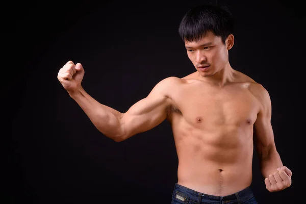 Studio Shot Young Muscular Chinese Man Shirtless Black Background — Foto de Stock