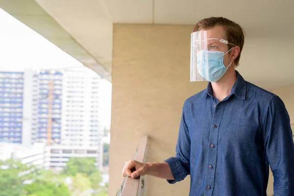 Portrait Young Businessman Wearing Mask Face Shield Protection Corona Virus — Photo