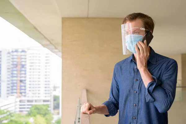 Portrait Young Businessman Wearing Mask Face Shield Protection Corona Virus — Photo
