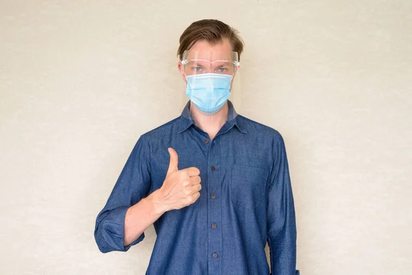 Portrait Young Businessman Wearing Mask Face Shield Protection Corona Virus — Zdjęcie stockowe