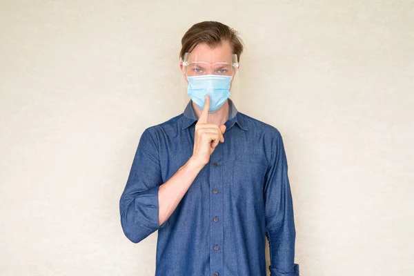 Portrait Young Businessman Wearing Mask Face Shield Protection Corona Virus — Photo