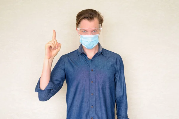 Portrait Young Businessman Wearing Mask Face Shield Protection Corona Virus — Photo