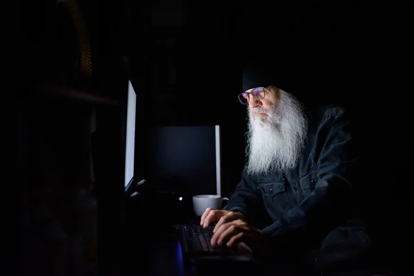 Portrait Mature Bearded Hipster Man Working Overtime Living Room Home — Photo