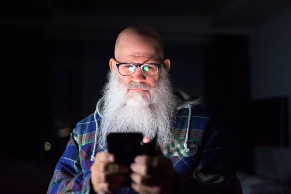 Portrait Mature Handsome Bald Hipster Man Long Beard Working Overtime — Stockfoto