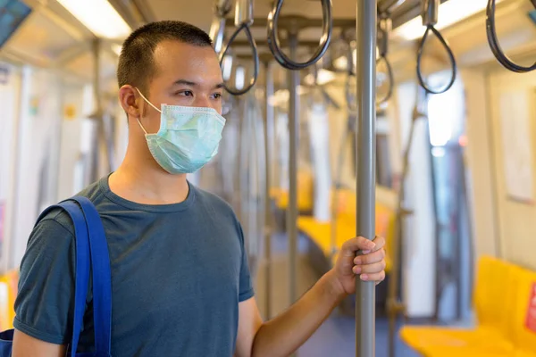 Portrait Young Asian Man Wearing Mask Protection Corona Virus Outbreak — Stock Fotó