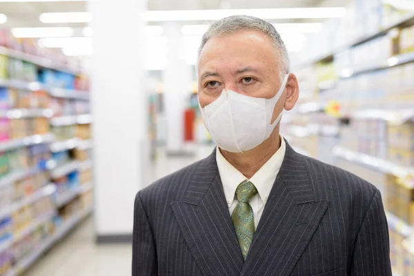 Portrait Mature Japanese Businessman Mask Protection Corona Virus Outbreak Supermarket — Photo