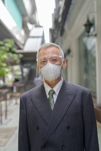 Portrait Homme Affaires Japonais Mature Avec Masque Écran Facial Pour — Photo