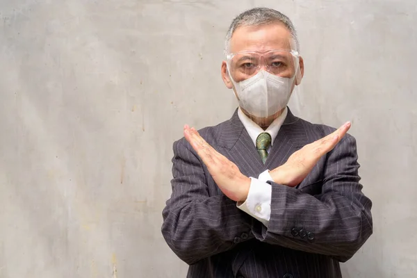 Portrait Mature Japanese Businessman Mask Face Shield Protection Corona Virus — Photo