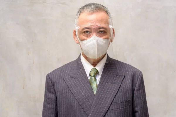 Portrait Mature Japanese Businessman Mask Face Shield Protection Corona Virus — Photo