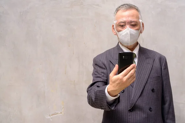 Portrait Mature Japanese Businessman Mask Face Shield Protection Corona Virus — Stock fotografie