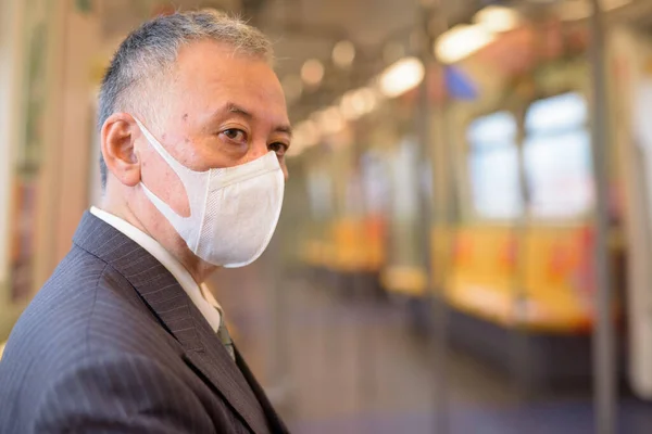 Portrait Mature Japanese Businessman Mask Protection Corona Virus Outbreak Sky — Photo