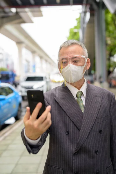 Portrait Mature Japanese Businessman Mask Face Shield Protection Corona Virus — Stock Fotó