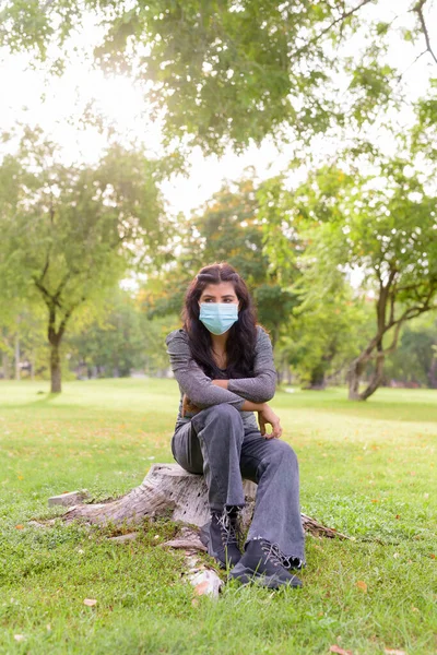 Portrait Young Indian Woman Mask Protection Corona Virus Outbreak Relaxing — Stock Fotó