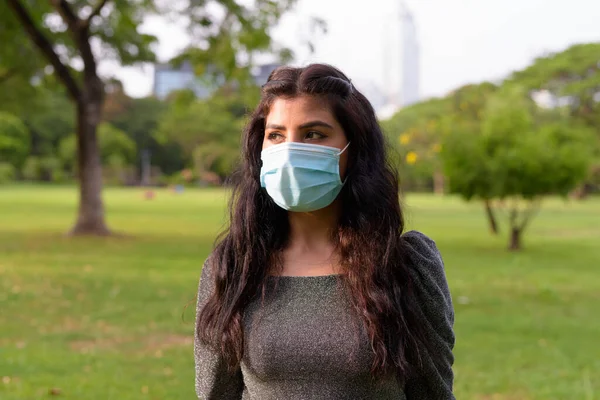 Portrait Young Indian Woman Mask Protection Corona Virus Outbreak Relaxing — Stock Fotó