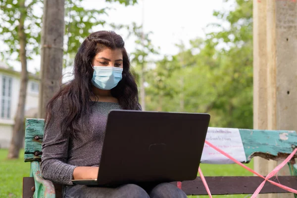 Portrait Young Indian Woman Mask Protection Corona Virus Outbreak Relaxing — Stock Fotó