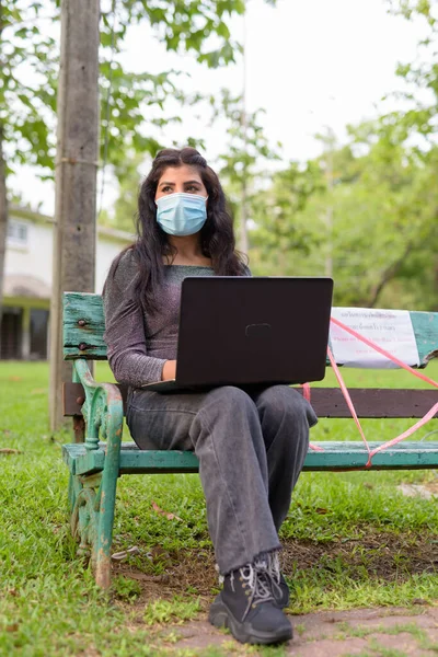 Portrait Young Indian Woman Mask Protection Corona Virus Outbreak Relaxing — Stock Fotó