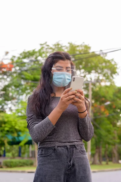 Portrait Young Indian Woman Mask Face Shield Protection Corona Virus — Stock Fotó