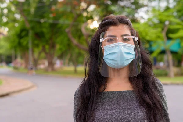 Portrait Young Indian Woman Mask Face Shield Protection Corona Virus — Stock Fotó