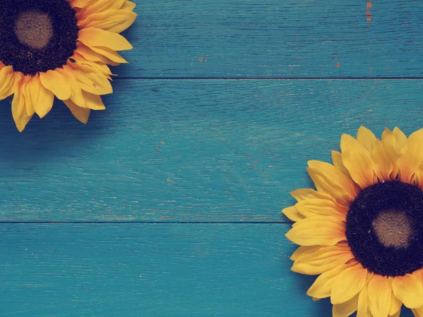 Sunflowers on blue wood — Stock Photo, Image