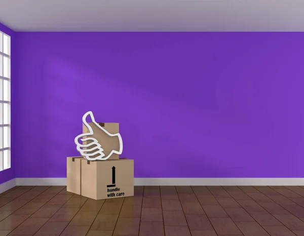 Room with cardboard boxes and silver thumb up — Stock Photo, Image