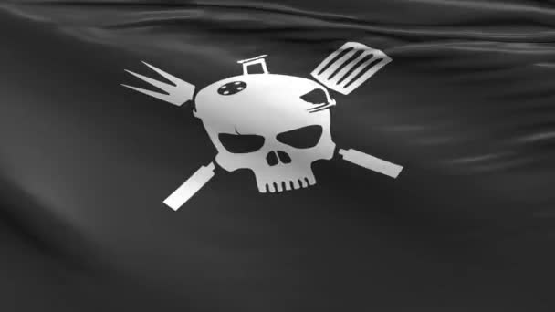 Bbq Pirata Acenando Bandeira Com Ícone Crânio Flatware Animação — Vídeo de Stock